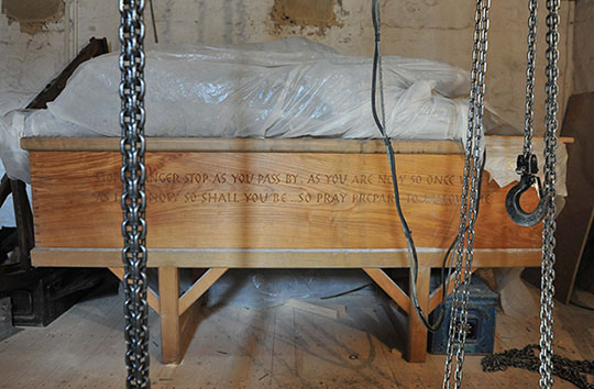 Old Jimmy Garlick's Casket with new bell ropes installed