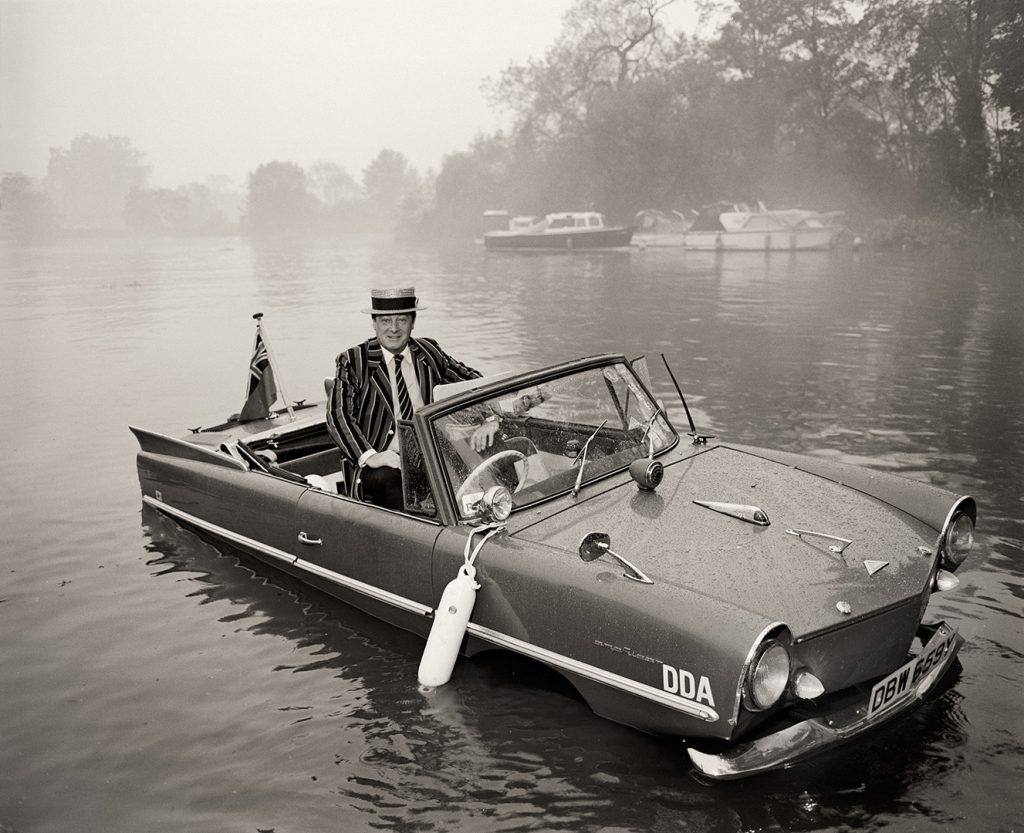 Amphicar 770 in the Thames in Twickenham, adjacent to Eel Pie Island. Classic and Sportscar, 1985-86