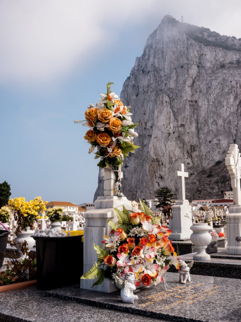 Spain, summer 2013, urban Gibraltar, Cemetery with Rock of Gibraltar