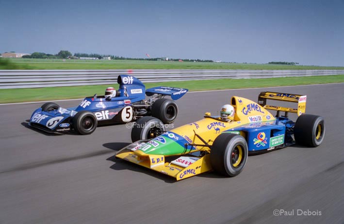 Jackie Stewart in 1973 F1 World Championship Elf Tyrrell and Martin Brundle in 1992 Benneton Ford at Silverstone